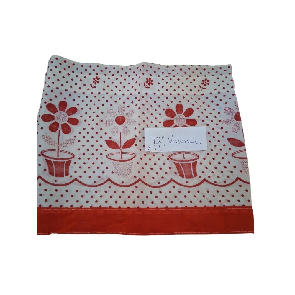 Vtg Cafe Curtains & Kitchen Valance Set Red White Polka Dot Flower Decor READ